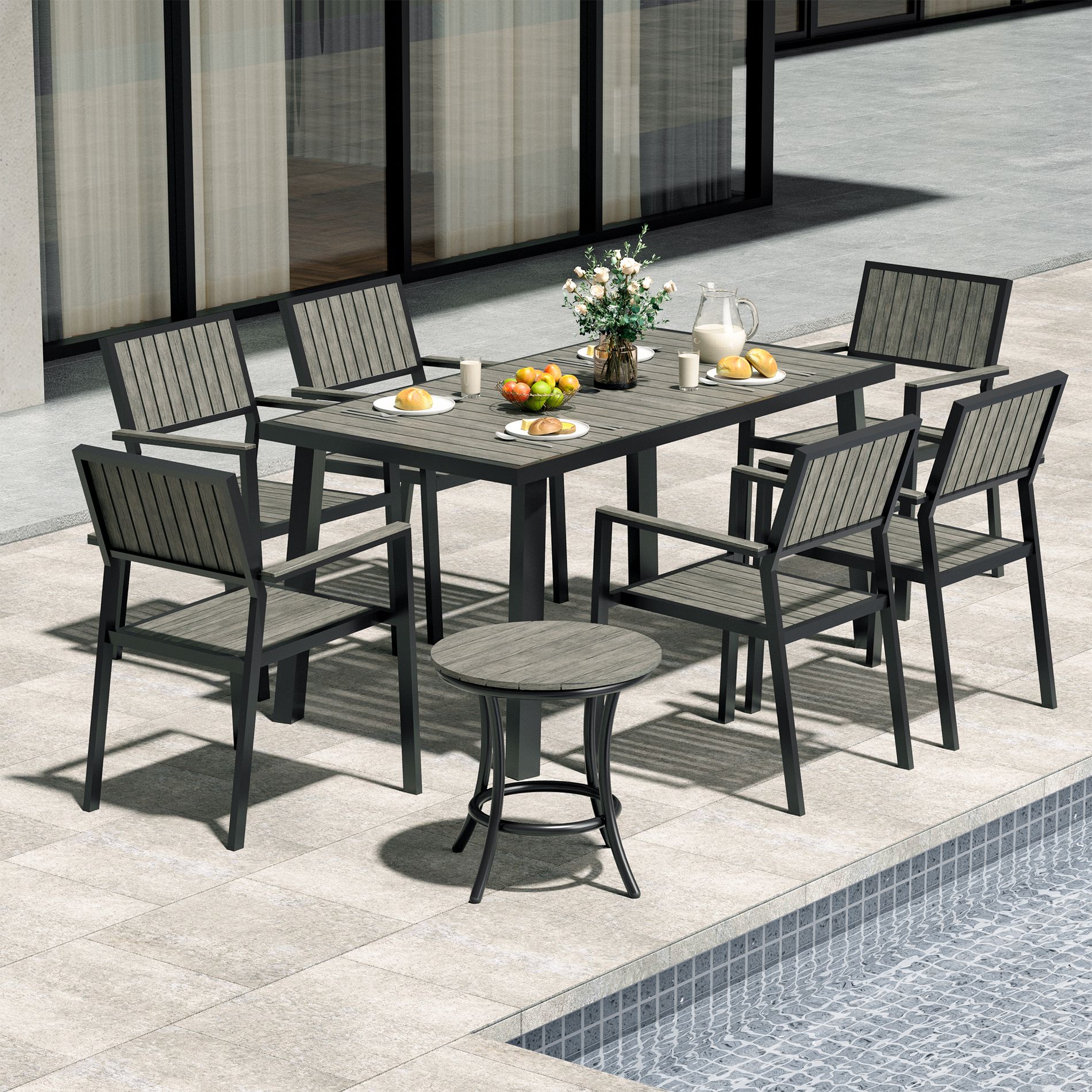 Pamapic 8-Piece Aluminum Outdoor Patio Dining Set with Rectangle Table, Small Side Table and 6-Stackable Chairs