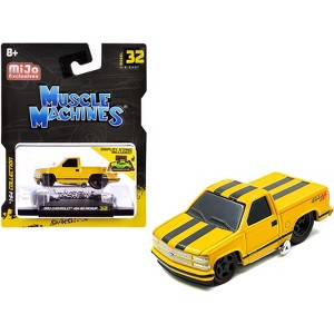 1993 Chevrolet 454 SS Pickup Truck Yellow with Black Stripes 1/64 Diecast Model Car by Muscle Machines - 1 of 3