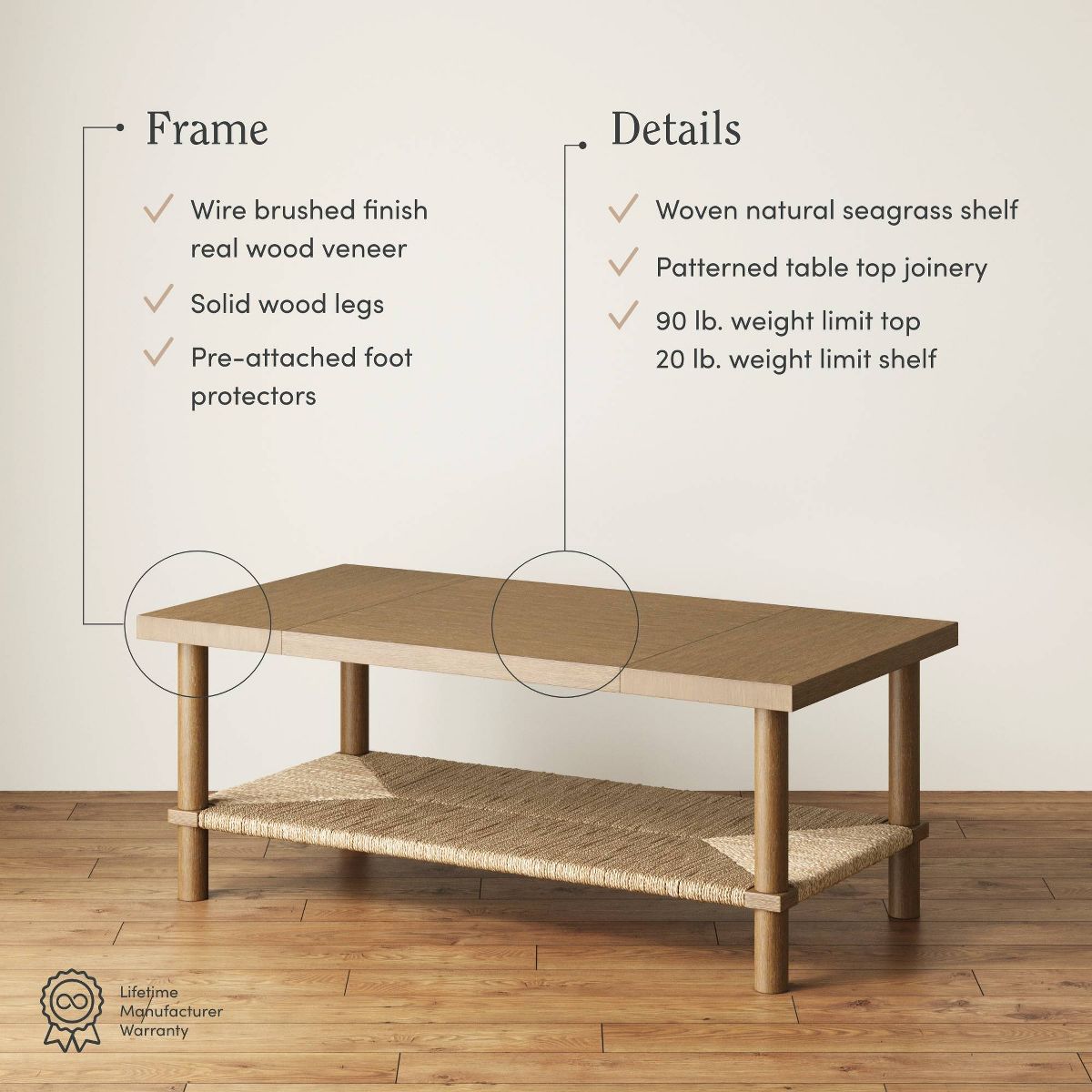 Seagrass coffee table feature callouts including wire-brushed finish