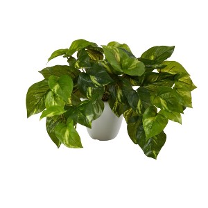 Nearly Natural 9-in Pothos Artificial Plant in White Planter (Real Touch) - 1 of 4