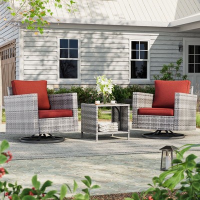Sonkuki 3-Piece Patio Chair Set Brown Rattan Swivel Rocking Chair Set Coffee Table Suiting Backyard