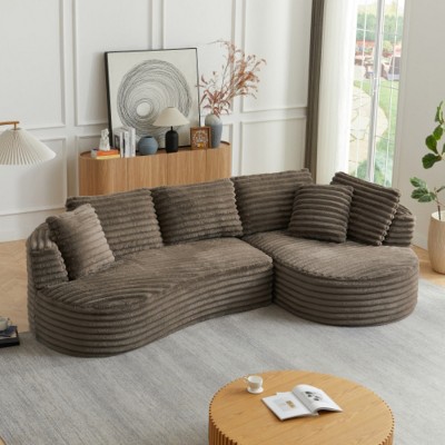 120" Modern Curved Corduroy Sectional Sofa with 2 Throw Pillows, Oversized L-Shape Sleeper Couch for Living Room or Family Lounge–The Pop Home