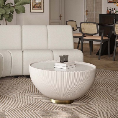 POVISON Modern Drum Coffee Table, Sintered Stone Coffee Table with PU Leather and Aluminum Alloy Base, White, 27.56"