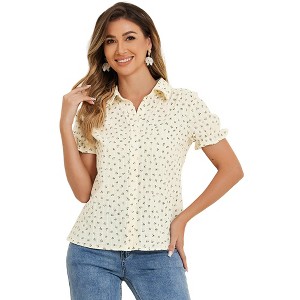INSPIRE CHIC Women's Peter Pan Frilled Short Sleeve Floral Cotton Top - 1 of 4