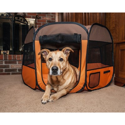 Medium Brown and Orange Metal Frame Collapsible Pet Playpen