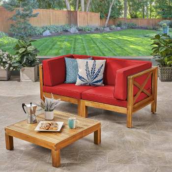 Brava 3pc Acacia Modular Loveseat and Table Set - Teak/Red - Christopher Knight Home