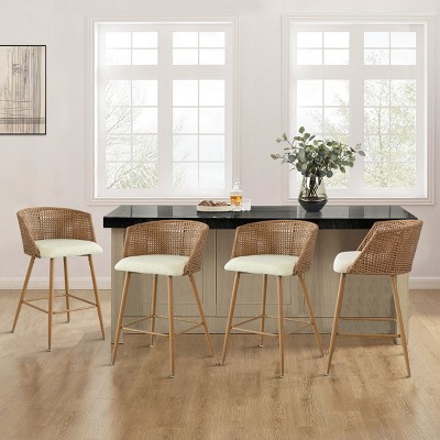 Nice Rattan Armrest Counter Stool Set Of 2, Boucle Upholstered Midbar Chair, 27 Inch Stools with Back for Kitchen Island - Maison Boucle