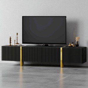 Luxury Fluted TV Stand for TVs Up to 80, Modern Entertainment Center with Cabinets Drawers and Golden Wood Grain Legs - 1 of 4