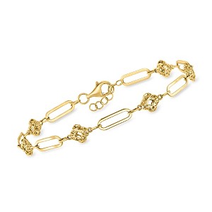 Ross-Simons 14kt Yellow Gold Alternating Clover and Paper Clip Link Bracelet - 1 of 4