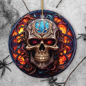 Phantom's Grin Sinister Skull Stained Glass Style Ceramic Ornament, Halloween Themed Christmas Gift and Decor| OrnamentallyYou - 1 of 4