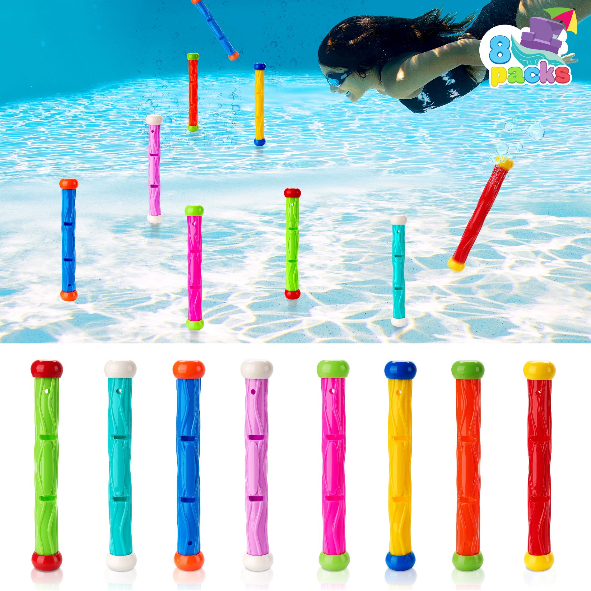 Joyfy 8 Pcs Diving Sticks Pool Toys, Underwater Adventure Diving Toys, Colorful Swimming Toy Sinking Throwing Sticks for Kids Summer Fun Pool Games