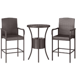 Outsunny 3 Pieces Rattan Wicker Bar Set with Ice Bucket, Patio Furniture with 1 Bar Table and 2 Bar Stools for Poolside, Backyard, Porches, Dark Brown - 1 of 4