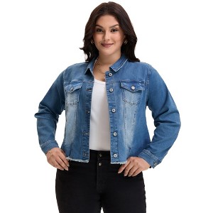 Women's Plus Size Corpped Denim Long Sleeve Button Down Casual Jean Jackets with Pockets - Agnes Orinda - 1 of 4