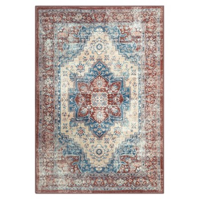 Area Rug 9x12 – Large Washable Non-Slip Low Pile Vintage Oriental Distressed Rug for Living Room, Bedroom, Dining, Office, Red & Blue