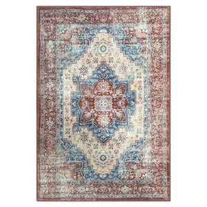 Area Rug 9x12 – Large Washable Non-Slip Low Pile Vintage Oriental Distressed Rug for Living Room, Bedroom, Dining, Office, Red & Blue - 1 of 4