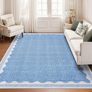 Acekool 5x7 Washable Area Rug, Blue Scalloped French Country Non