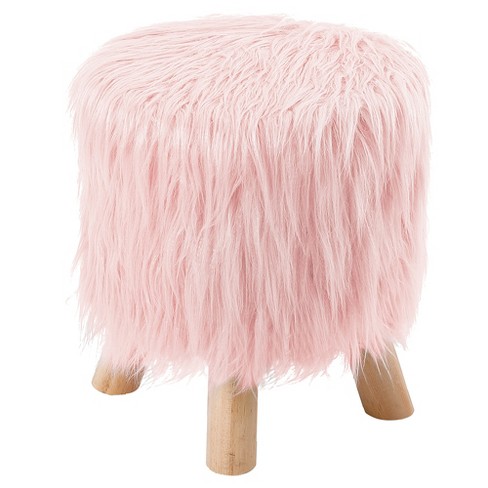 BirdRock Home Faux Fur Foot Stool Ottoman with Wood Legs - Pink