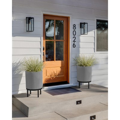 Gray and Black Fluted Planter with Acacia Wood Stand