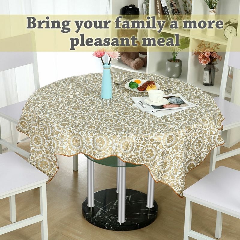 60" Dia Round Vinyl Water Oil Resistant Printed Tablecloths Golden Turntable Flower - PiccoCasa, 3 of 5