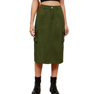 Clearlove Women's Blue Denim Cargo Skirt Elastic Waist Button Up Midi Jean Skirt with Flap Pockets. - 1 of 4