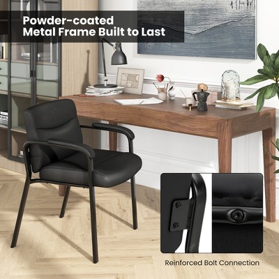Black Leather and Metal Office Guest Chairs with Fixed Arms, Set of 2