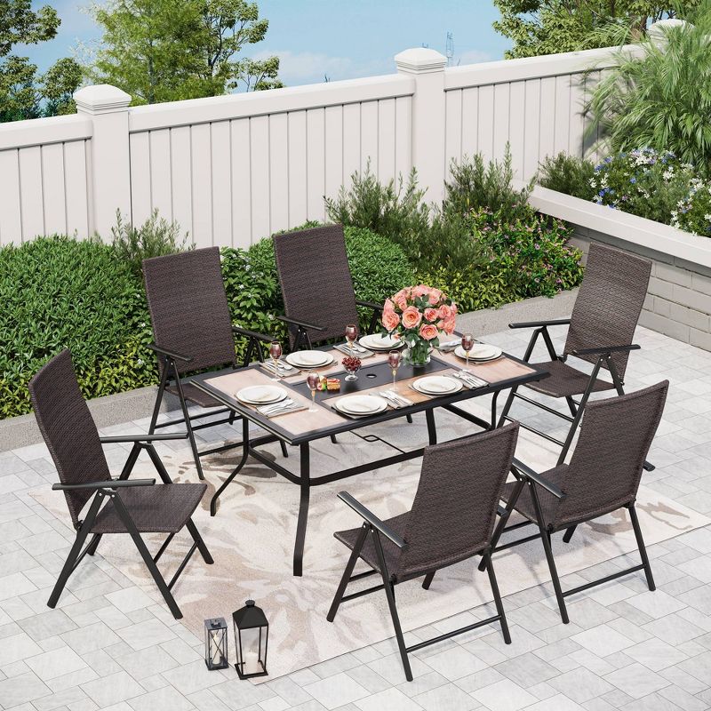 7pc Outdoor Dining Set with 7 Position Adjustable Folding Wicker Chairs &#38; Faux Woood  &#38; Metal Table with Umbrella Hole - Captiva Designs, 1 of 13