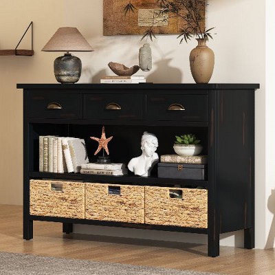 PAGED Vintage Console Table with 3 Drawers, Open Shelves & Water Hyacinth Woven Baskets, Entryway Sofa Table, Entryway Table Buffet Cabinet