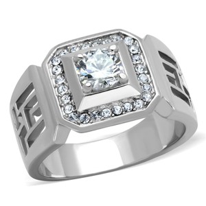 High Polished Stainless Steel Men’s Ring, Clear CZ Center, Round Fashion Ring, Silver, Sizes 8-13 - 1 of 4