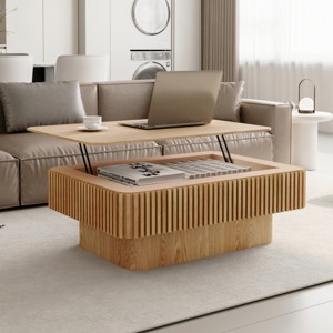 38.6" Lift-Top Fluted Coffee Table with Storage,Adjustable Height Solid Wood Veneer Modern Living Room Table-Baofuwish - 1 of 4