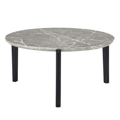 COWLOWN White Round Modern Coffee Table, Imitation Marble Top & Solid Rubber Wood Legs, Beveled Edge Design