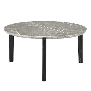 COWLOWN White Round Modern Coffee Table, Imitation Marble Top & Solid Rubber Wood Legs, Beveled Edge Design - 1 of 4