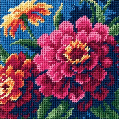 Dimensions Mini Needlepoint Kit 5"X5"-Zinnias Stitched In Thread