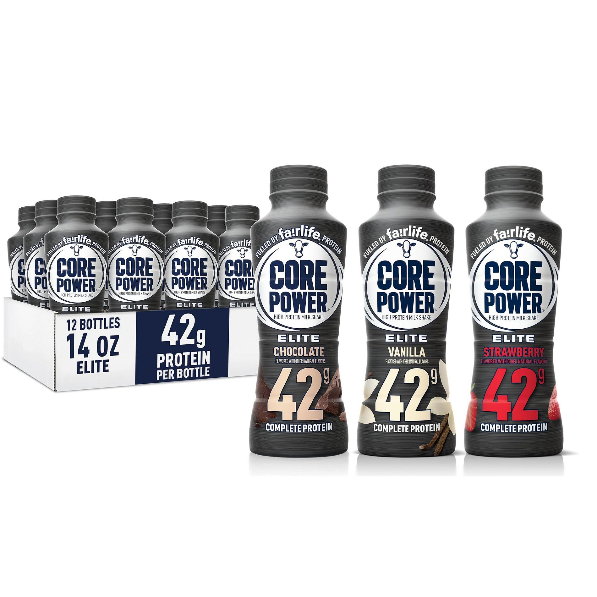 Core Power Elite High Protein Shake, Variety 12 Pack (4 Vanilla, 4 Chocolate, 4 Strawberry) 42g Bottle, 14oz