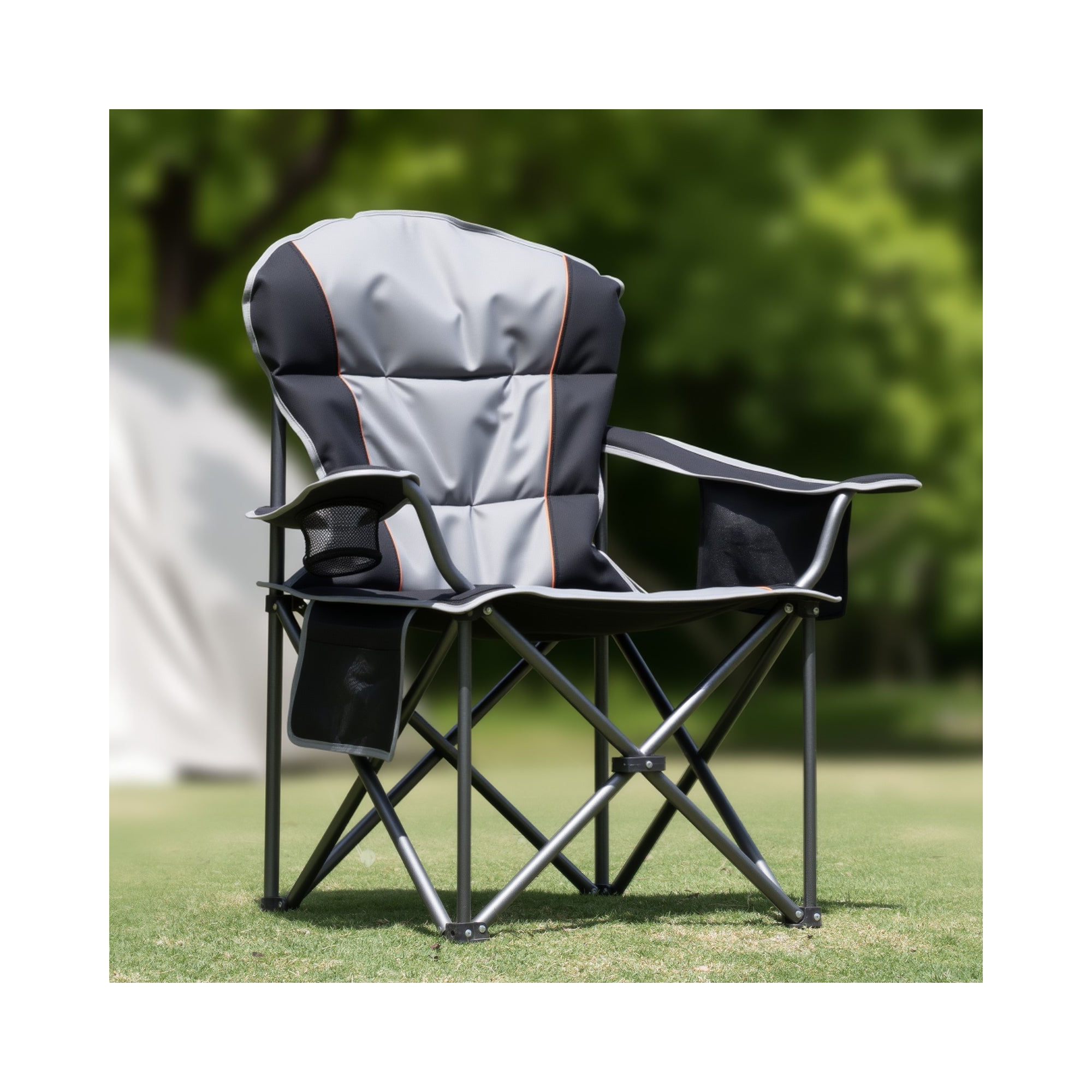 MyDepot Deluxe Padded Folding Chair - Portable Camping Chair with Integrated Cooler & Storage Pocket - Heavy Duty All-Terrain Outdoor Seating