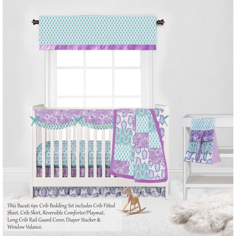 Bacati - Paisley Isabella Purple Lilac Aqua 6 pc Crib Bedding Set with Long Rail Guard Cover, 4 of 12