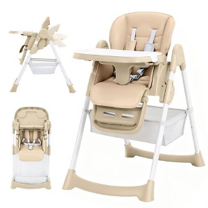 Foldable Baby High Chair with 5-Point Harness - Adjustable Height, Removable Tray & Locking Wheels, PU Leather Portable Highchair (Dark Grey) - 1 of 4