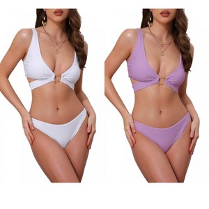 INSPIRE CHIC Women's Wide Strap O Ring Deep V Neck Tie Back Strappy Top Triangle Bottom Swimwear Bikini Suits 2 Sets - 1 of 4
