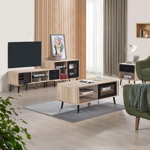 Kings Brand Furniture Nathan 3-Piece Living Room Set with TV Stand, Coffee Table & End Table, Modern Storage & Organization, Oak/Black Finish - 1 of 4