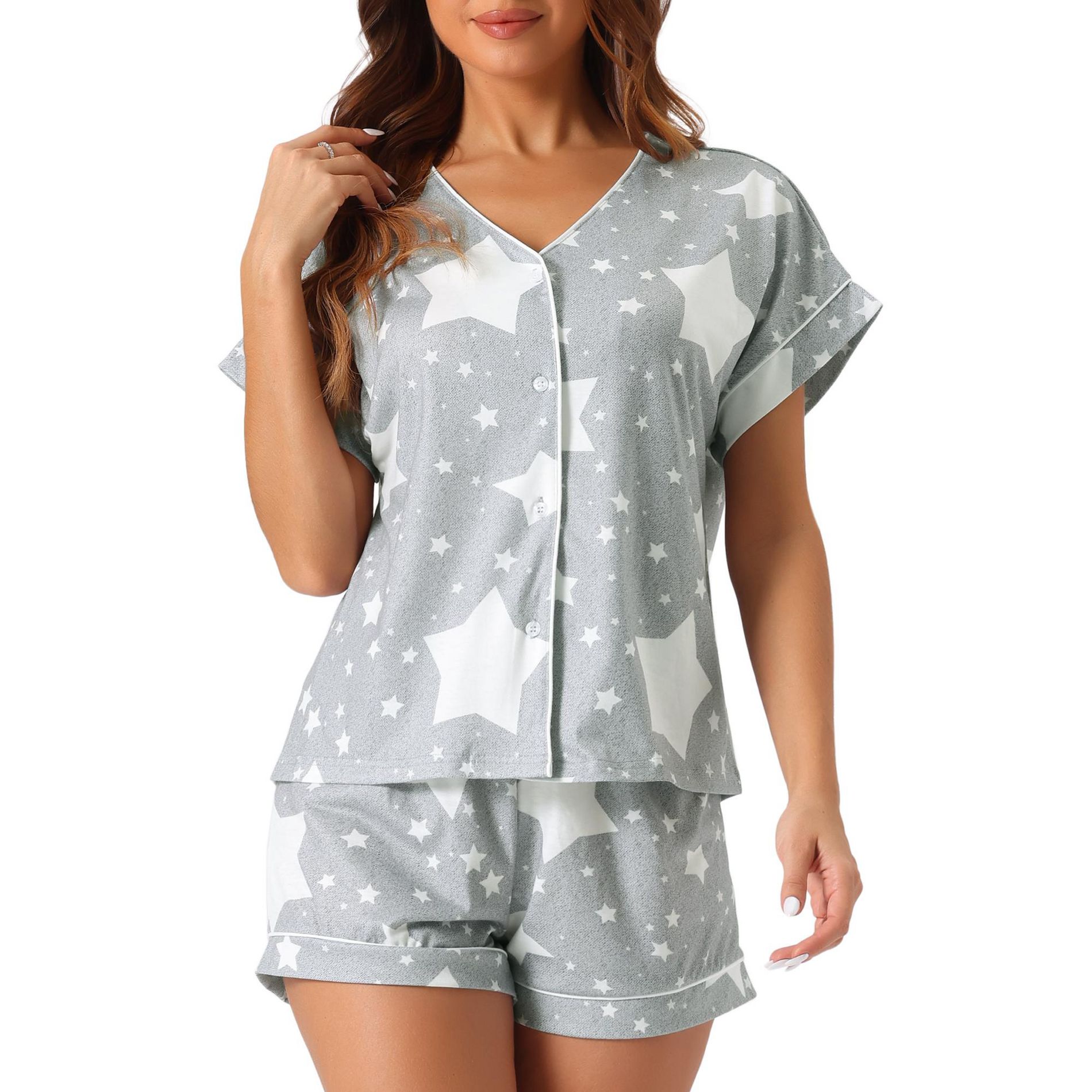 cheibear Women's Modal Soft Short Sleeve Button Top and Shorts Pajama 2 Piece Sets