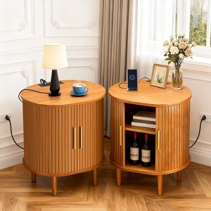 TiramisuBest Nightstand with Charging, Fluted Side Table with Sliding Door & Adjustable Shelf,End Table for Small Space,Living,Bedroom,Walnut - 1 of 4