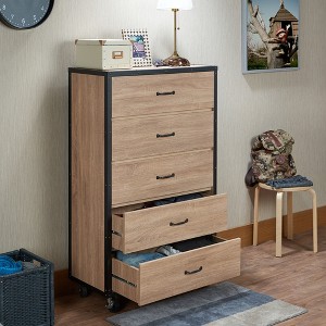 5-Drawer Weathered Light Oak Chest dressers with Metal Glide and Industrial Caster Wheels - 1 of 4