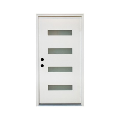 Lirago 36 in. x 80 in. Fiberglass Entry Door with Brickmould, 4-Lite Frosted Glass, right-Hand Inswing, White Vinyl Frame