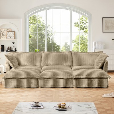 Slipcovered Sectional Sofa, 3 Seater Sofa with Removable Cover, Sofa Couch with Ottoman, Corduroy Fabric Sectional Sofas-Cuddlewood