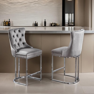 Counter Height Bar Stools Set of 2, Velvet Upholstered Barstools with Sturdy Metal Base Legs, Button Tufted and Nailheads Trim - Leovsnove