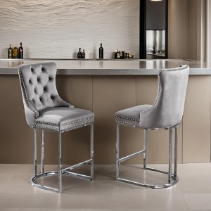 Counter Height Bar Stools Set of 2, Velvet Upholstered Barstools with Sturdy Metal Base Legs, Button Tufted and Nailheads Trim - Leovsnove - 1 of 4
