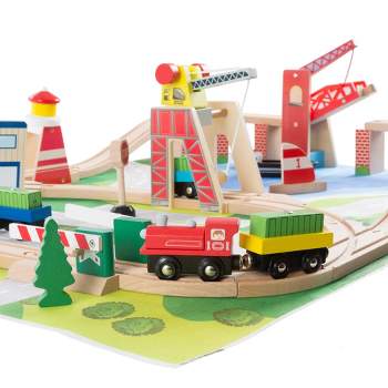 Toy Time Kids' 75-Piece Wooden Train Set With Play Mat Includes Deluxe Wood Tracks, Trains, Cars, Boats and More