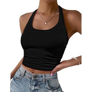 Ekouaer Women Halter Top Backless Scroop Neck Slim Stretchy Ribbed Knit Camisole Crop Tops - 1 of 4