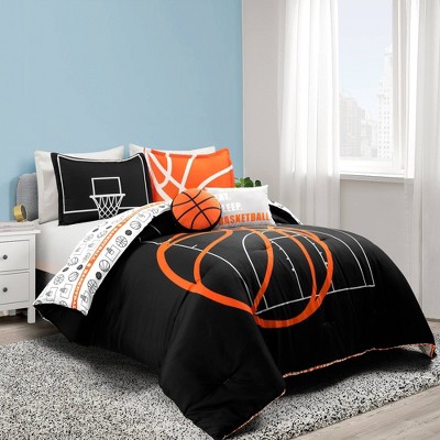 5pc Full/Queen Kids' Basketball Game Reversible Oversized Comforter Set Black/Orange - Lush Décor