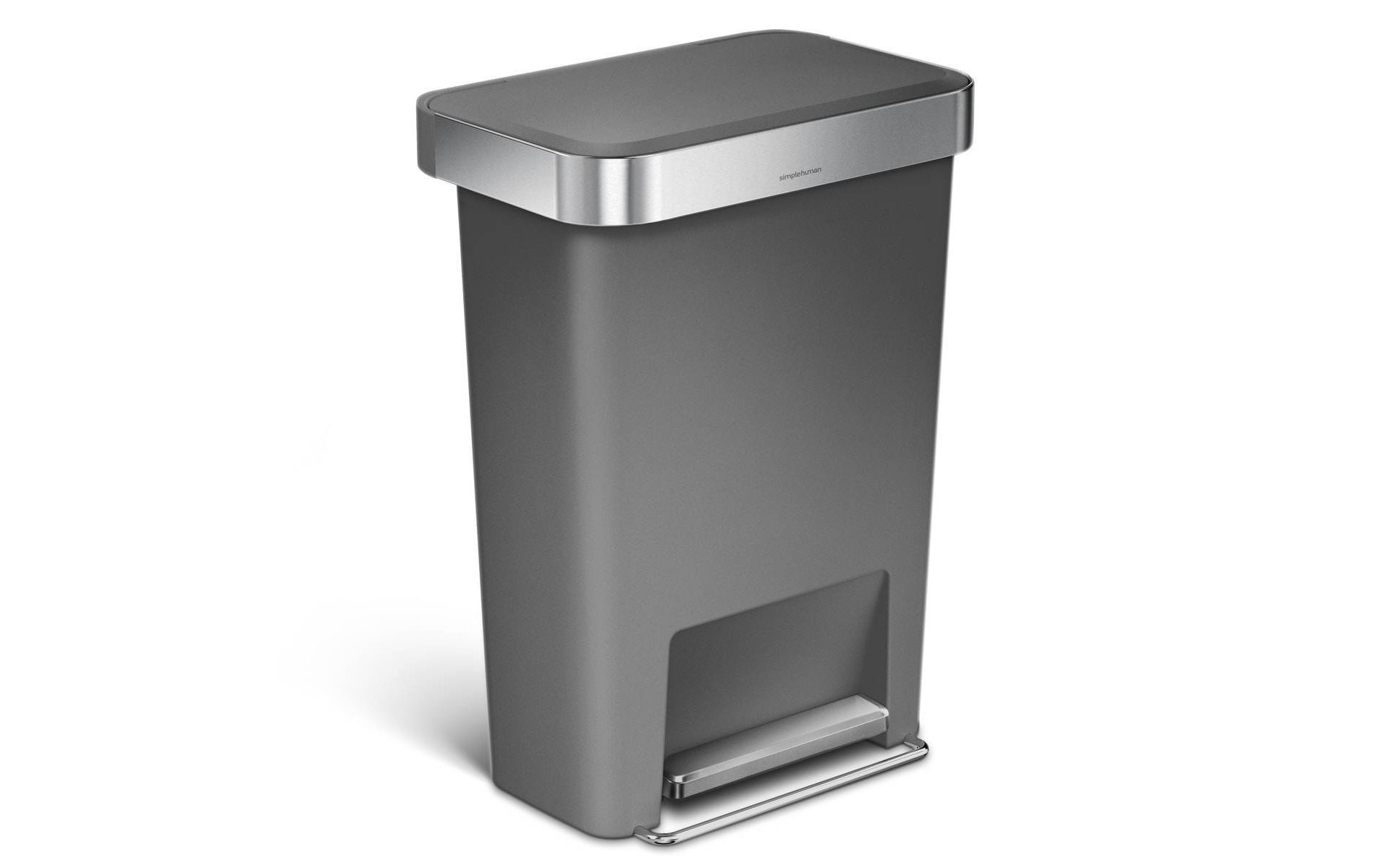 simplehuman 45L Kitchen Step Trash Can with Liner Pocket Gray Plastic Rectangular Garbage Can with Strong Steel Pedal