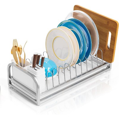 BRINJOY Dish Drying Rack for Small Kitchen Counter, Stainless Steel, Utensil Holder & Tray, Rustproof Narrow Dish Rack for Pot & Pan, Plate (Silver)